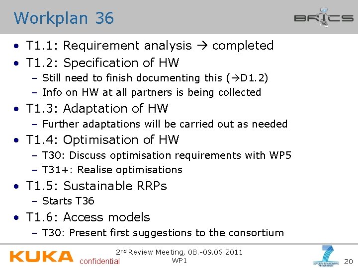 Workplan 36 • T 1. 1: Requirement analysis completed • T 1. 2: Specification