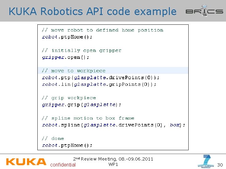 KUKA Robotics API code example 2 nd Review Meeting, 08. -09. 06. 2011 WP