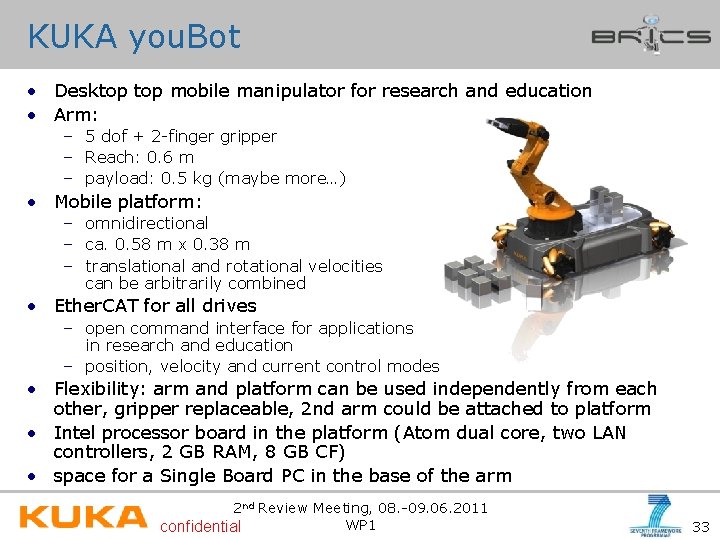 KUKA you. Bot • Desktop mobile manipulator for research and education • Arm: –