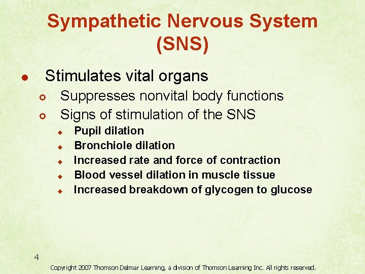 Sympathetic Nervous System (SNS) Stimulates vital organs l £ £ Suppresses nonvital body functions