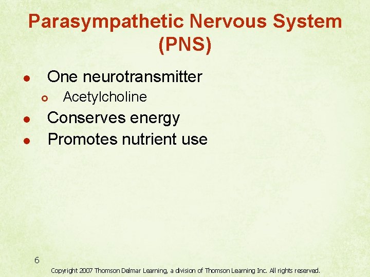 Parasympathetic Nervous System (PNS) One neurotransmitter l £ Acetylcholine Conserves energy Promotes nutrient use