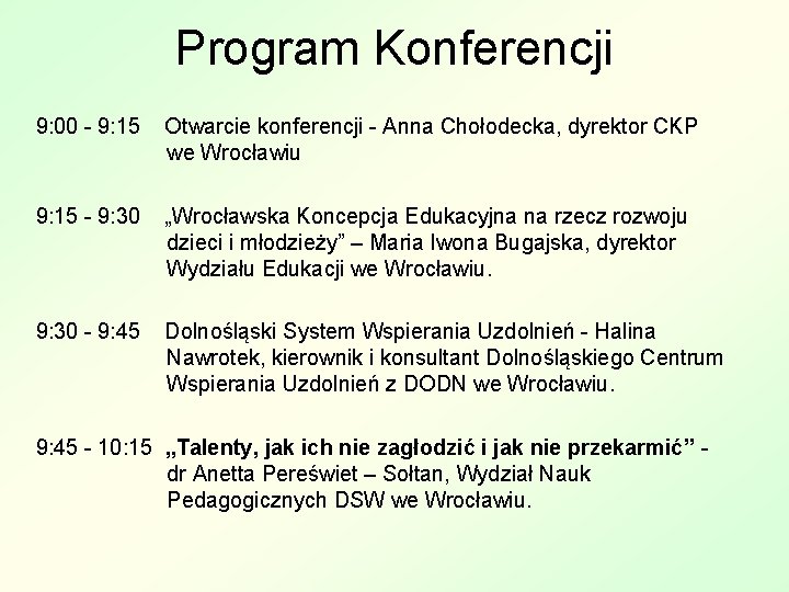 Program Konferencji 9: 00 - 9: 15 Otwarcie konferencji - Anna Chołodecka, dyrektor CKP