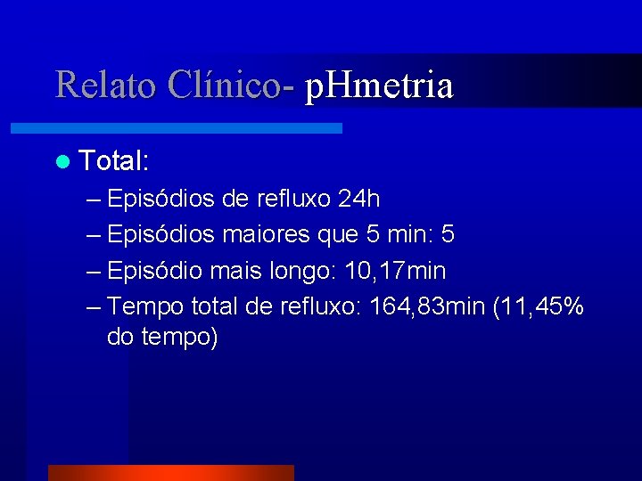 Relato Clínico- p. Hmetria l Total: – Episódios de refluxo 24 h – Episódios