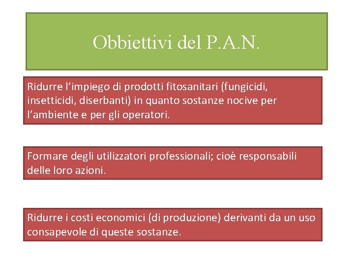 Obbiettivi del P. A. N. Ridurre l’impiego di prodotti fitosanitari (fungicidi, insetticidi, diserbanti) in