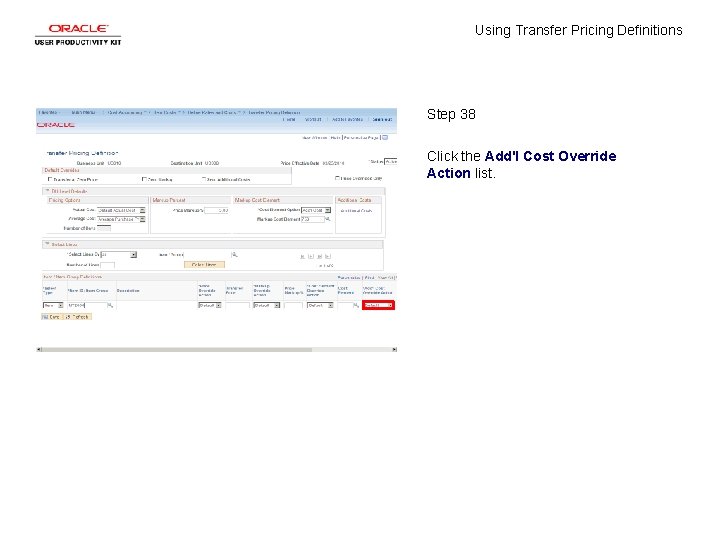 Using Transfer Pricing Definitions Step 38 Click the Add'l Cost Override Action list. 