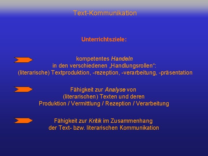 Text-Kommunikation Unterrichtsziele: kompetentes Handeln in den verschiedenen „Handlungsrollen“: (literarische) Textproduktion, -rezeption, -verarbeitung, -präsentation Fähigkeit