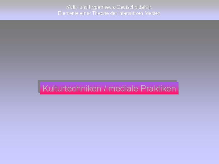 Multi- und Hypermedia-Deutschdidaktik: Elemente einer Theorie der interaktiven Medien Kulturtechniken / mediale Praktiken 