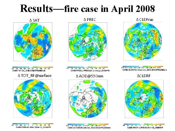 Results—fire case in April 2008 Δ SAT Δ PREC Δ CLDFrac Δ TOT_RF@surface Δ