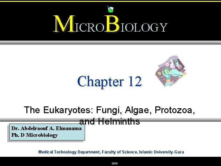 MICROBIOLOGY Chapter 12 The Eukaryotes: Fungi, Algae, Protozoa, and Helminths Dr. Abdelraouf A. Elmanama