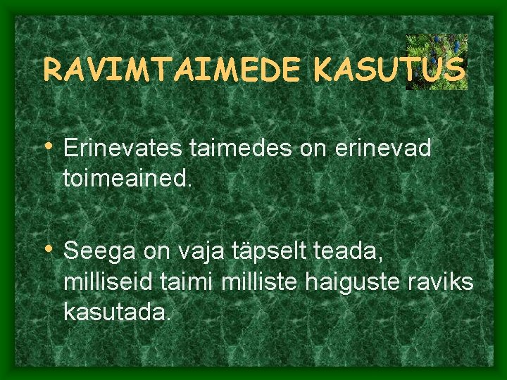 RAVIMTAIMEDE KASUTUS • Erinevates taimedes on erinevad toimeained. • Seega on vaja täpselt teada,