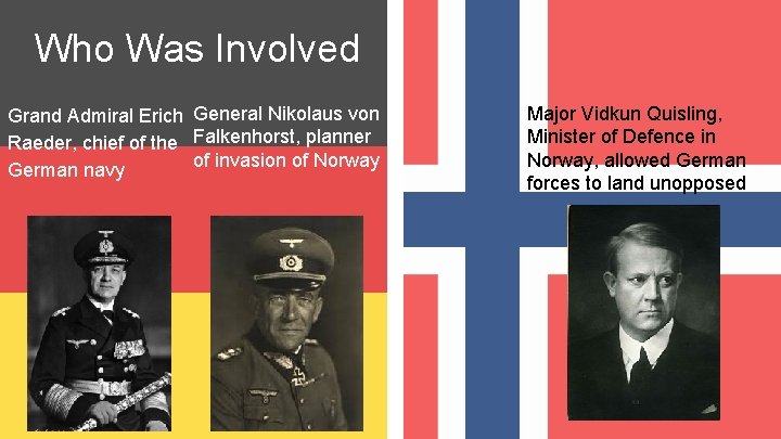 Who Was Involved Grand Admiral Erich General Nikolaus von Raeder, chief of the Falkenhorst,