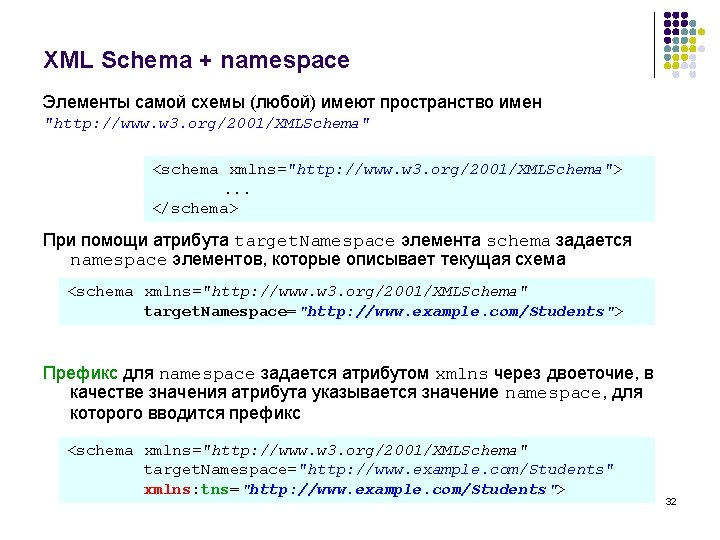 XML Schema + namespace Элементы самой схемы (любой) имеют пространство имен "http: //www. w