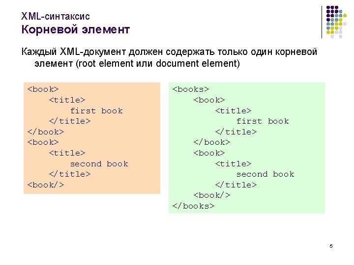 XML-синтаксис Корневой элемент Каждый XML-документ должен содержать только один корневой элемент (root element или