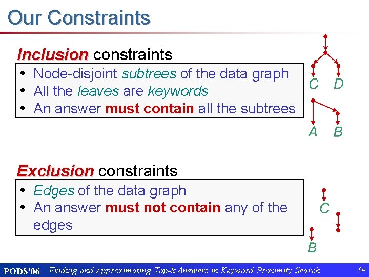 Our Constraints Inclusion constraints • Node-disjoint subtrees of the data graph • All the