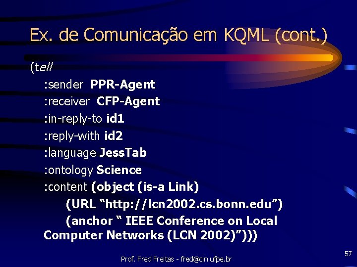 Ex. de Comunicação em KQML (cont. ) (tell : sender PPR-Agent : receiver CFP-Agent