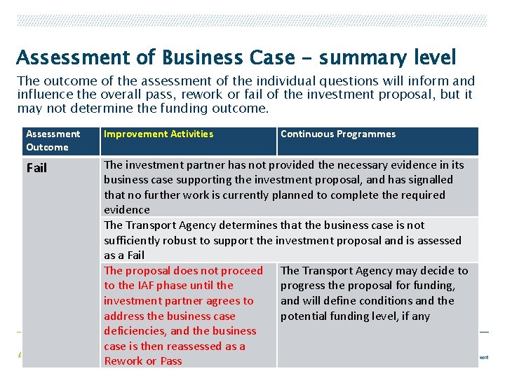 Assessment of Business Case - summary level The outcome of the assessment of the