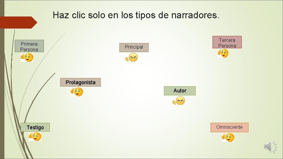 Haz clic solo en los tipos de narradores. Primera Persona Tercera Persona Principal Protagonista