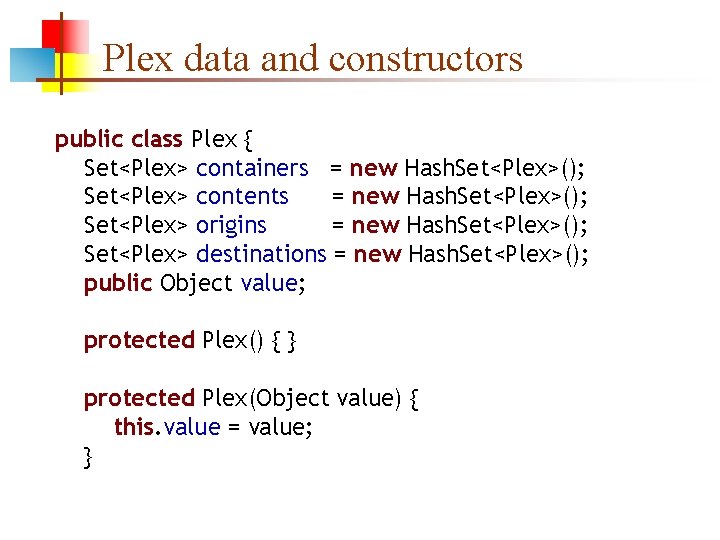 Plex data and constructors public class Plex { Set<Plex> containers = new Hash. Set<Plex>();