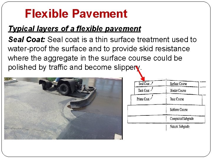 Flexible Pavement Typical layers of a flexible pavement Seal Coat: Seal coat is a