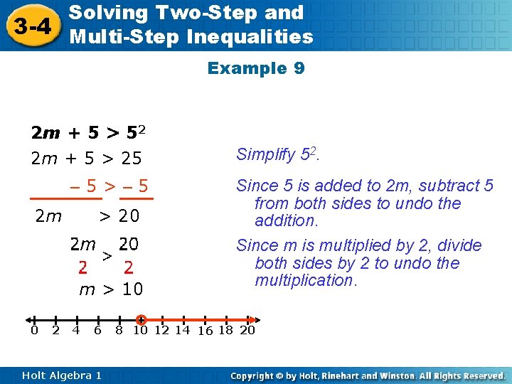 Solving Two-Step and 3 -4 Multi-Step Inequalities Example 9 2 m + 5 >
