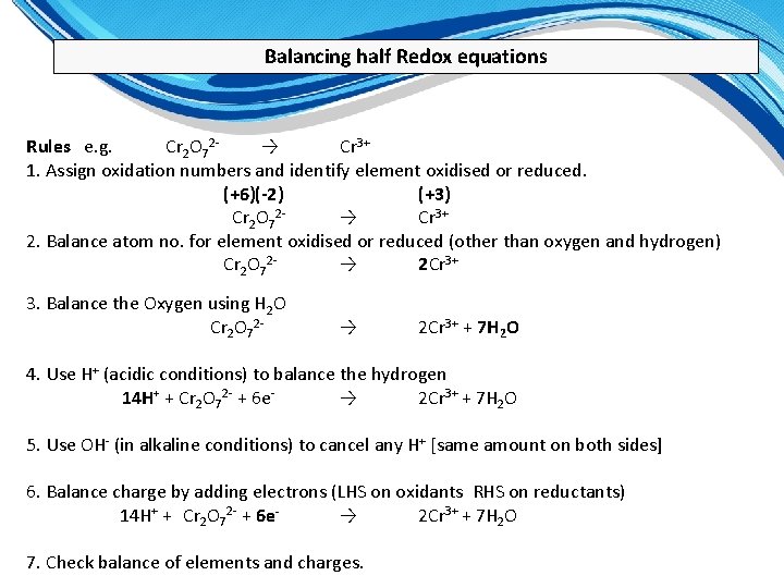 Balancing half Redox equations Rules e. g. Cr 2 O 72→ Cr 3+ 1.