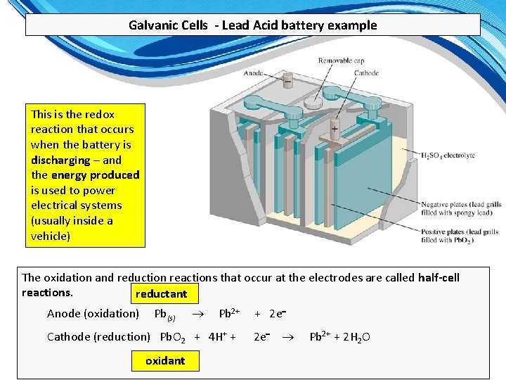 Galvanic Cells - Lead Acid battery example This is the redox reaction that occurs