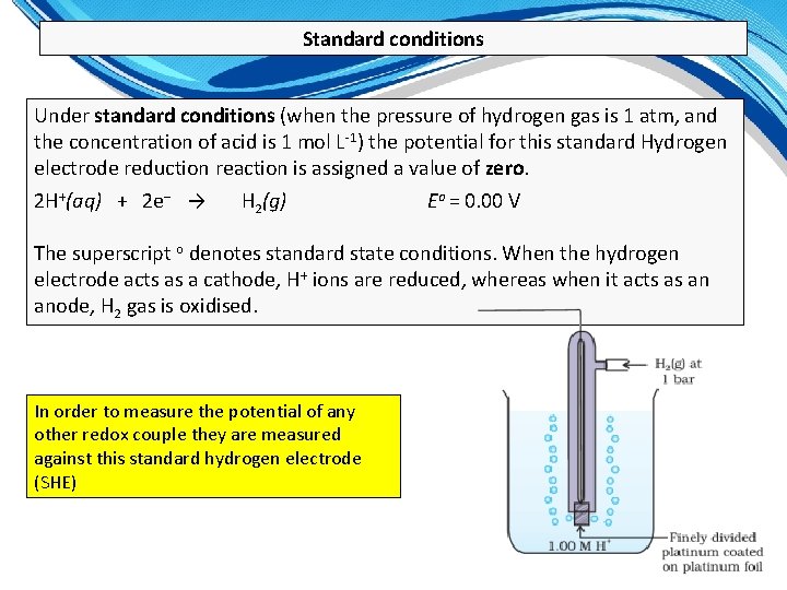 Standard conditions Under standard conditions (when the pressure of hydrogen gas is 1 atm,