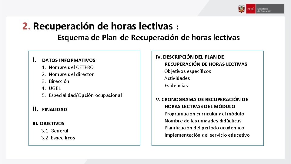 2. Recuperación de horas lectivas : Esquema de Plan de Recuperación de horas lectivas