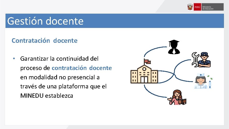 Gestión docente Contratación docente • Garantizar la continuidad del proceso de contratación docente en