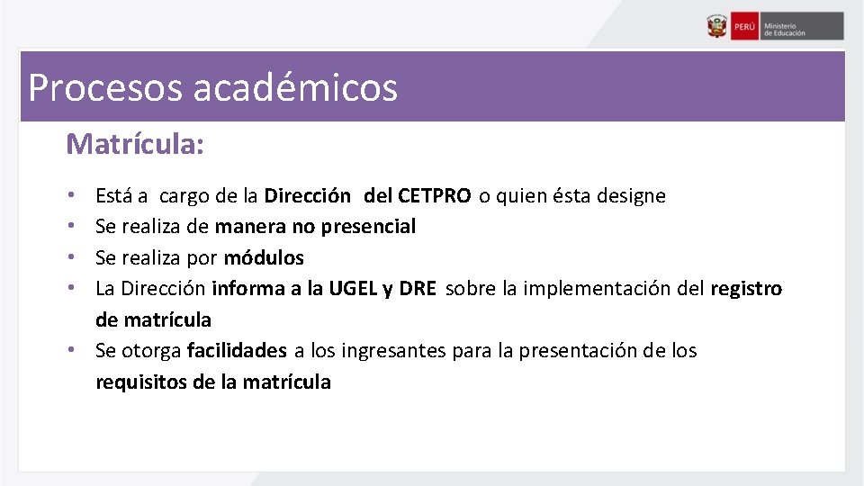 Procesos académicos Matrícula: Está a cargo de la Dirección del CETPRO o quien ésta