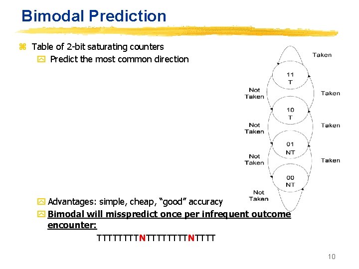 Bimodal Prediction z Table of 2 -bit saturating counters y Predict the most common
