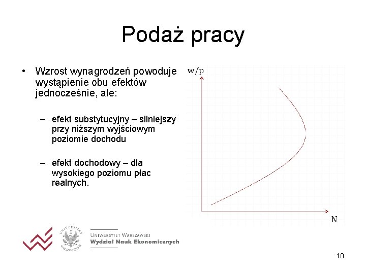 Podaż pracy • Wzrost wynagrodzeń powoduje wystąpienie obu efektów jednocześnie, ale: – efekt substytucyjny