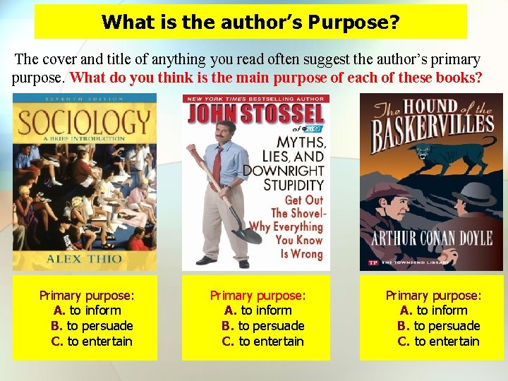 What is the author’s Purpose? The cover and title of anything you read often