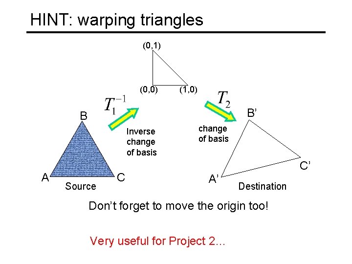 HINT: warping triangles (0, 1) (0, 0) (1, 0) B’ B Inverse change of