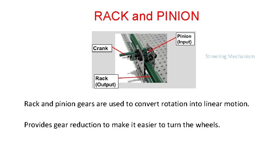 RACK and PINION Streering Mechanism Rack and pinion gears are used to convert rotation