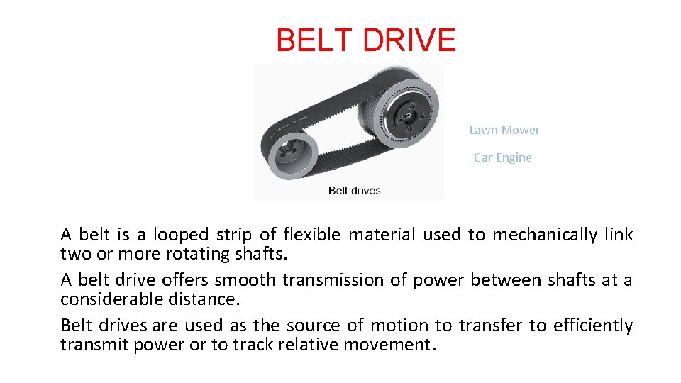 BELT DRIVE Lawn Mower Car Engine A belt is a looped strip of flexible