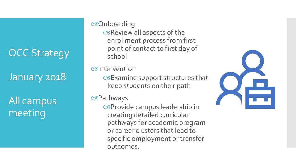 OCC Strategy January 2018 All campus meeting Onboarding Review all aspects of the enrollment