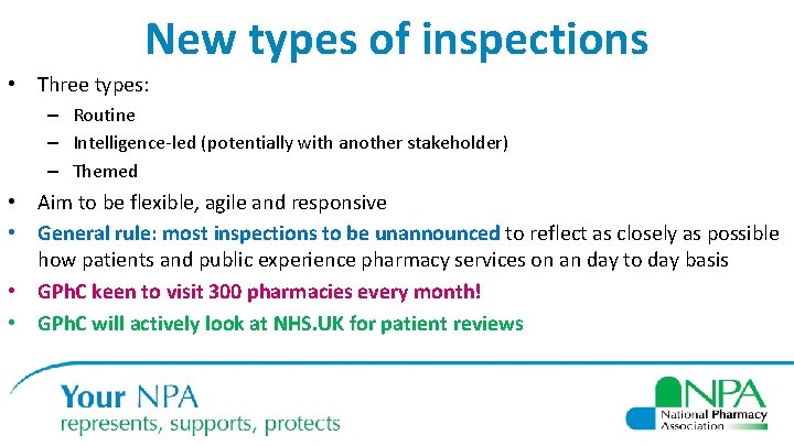 New types of inspections • Three types: – Routine – Intelligence-led (potentially with another