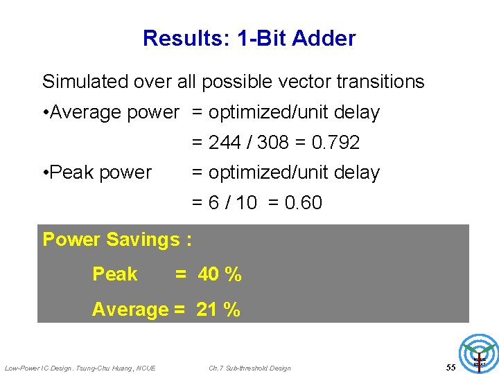 Results: 1 -Bit Adder Simulated over all possible vector transitions • Average power =