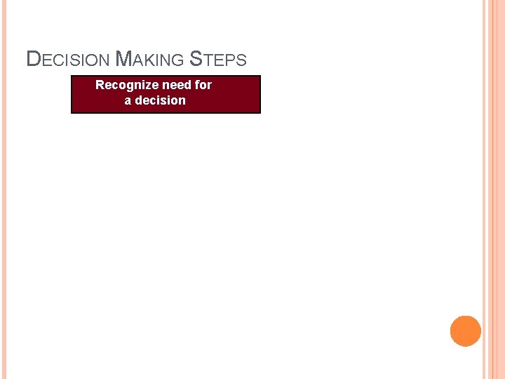 DECISION MAKING STEPS Recognize need for a decision Frame the problem Generate & assess