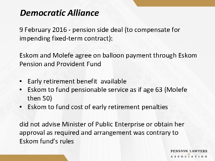 Democratic Alliance 9 February 2016 - pension side deal (to compensate for impending fixed-term