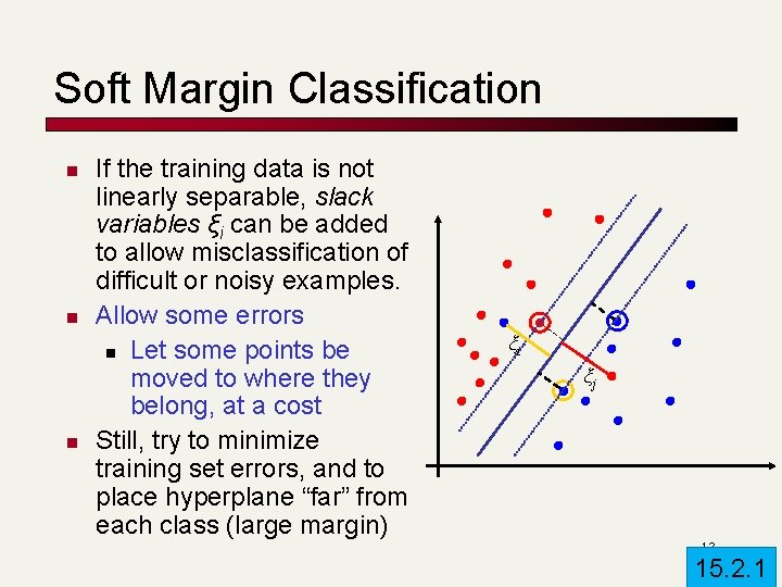 Soft Margin Classification n If the training data is not linearly separable, slack variables Soft Margin Classification n If the training data is not linearly separable, slack variables