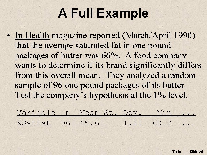 A Full Example • In Health magazine reported (March/April 1990) that the average saturated