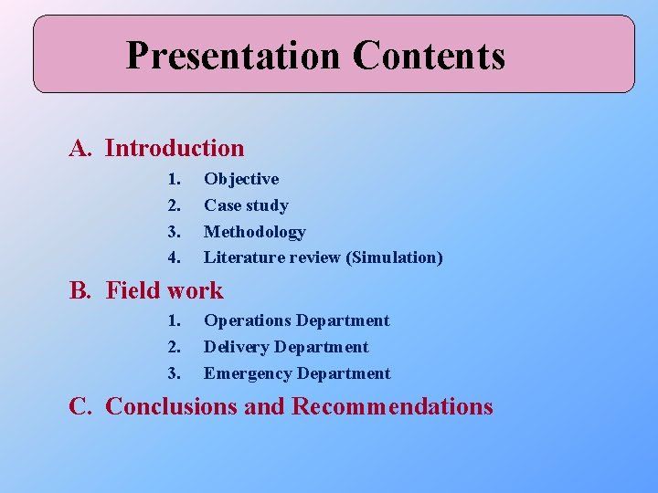 Presentation Contents A. Introduction 1. 2. 3. 4. Objective Case study Methodology Literature review