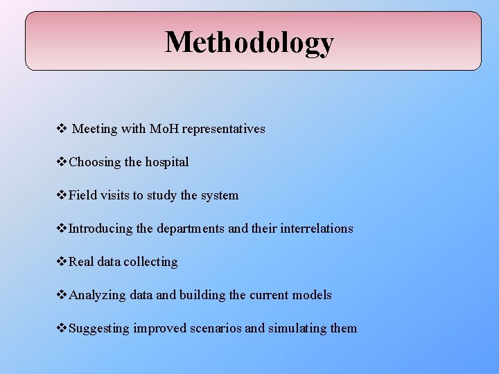 Methodology v Meeting with Mo. H representatives v. Choosing the hospital v. Field visits