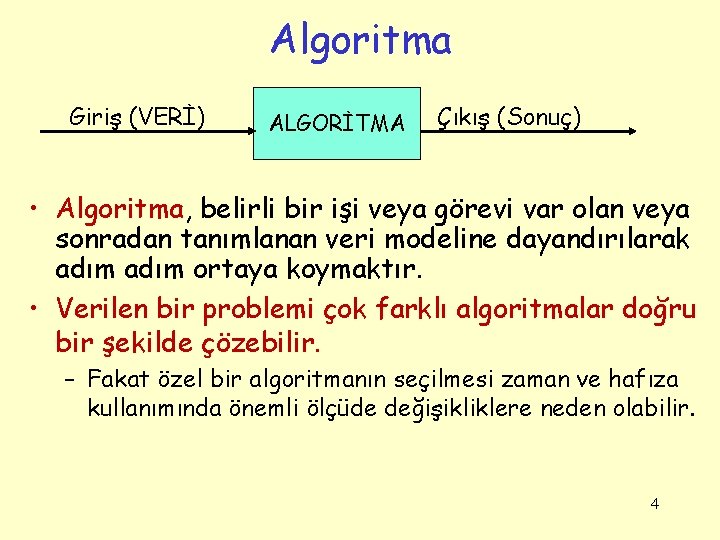 Algoritma Giriş (VERİ) ALGORİTMA Çıkış (Sonuç) • Algoritma, belirli bir işi veya görevi var