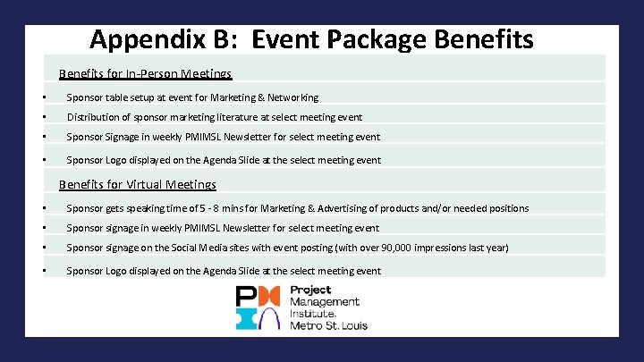Appendix B: Event Package Benefits for In-Person Meetings • Sponsor table setup at event