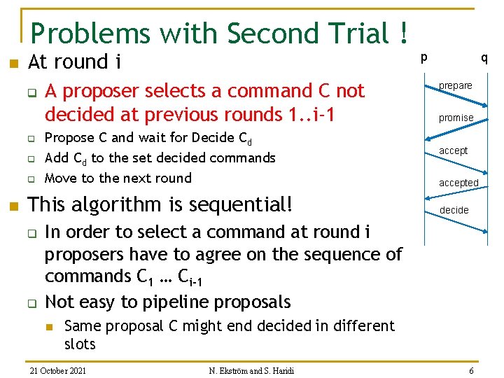 Problems with Second Trial ! n At round i q q n A proposer