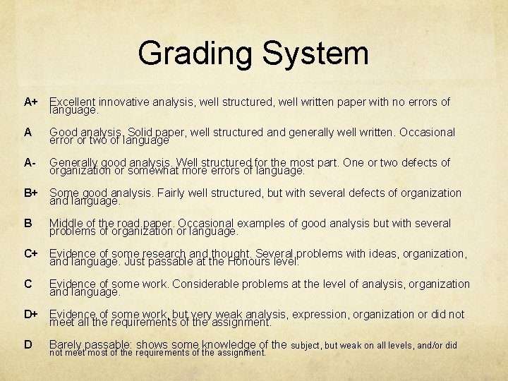 Grading System A+ Excellent innovative analysis, well structured, well written paper with no errors