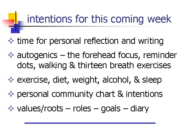 intentions for this coming week time for personal reflection and writing autogenics – the